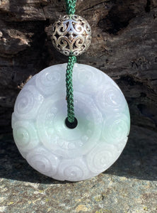 Certified Grade A Jadeite Pendant, Green Jadeite, Hand Carved Moire Jadeite Donut, Lavender Emerald Green Jadeite, Lavender Jadeite Donut.