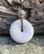 Load image into Gallery viewer, Certified Grade A Jadeite Pendant, Hand Carved Moire Jadeite Donut, Jadeite Jade, Lavender Jadeite Pendant, Jade for mom, Sweater Necklace.