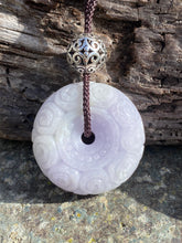 Load image into Gallery viewer, Certified Grade A Jadeite Pendant, Hand Carved Moire Jadeite Donut, Jadeite Jade, Lavender Jadeite Pendant, Jade for mom, Sweater Necklace.