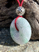 Load image into Gallery viewer, Certified Grade A Jadeite Pendant, Green Jadeite Jade, Hand Carved Moire Jadeite Donut, Lavender Emerald Green Jadeite Pendant Necklace.