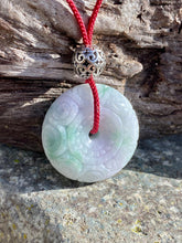 Load image into Gallery viewer, Certified Grade A Jadeite Pendant, Green Jadeite Jade, Hand Carved Moire Jadeite Donut, Lavender Emerald Green Jadeite Pendant Necklace.