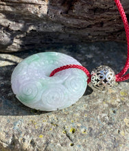 Load image into Gallery viewer, Certified Grade A Jadeite Pendant, Green Jadeite Jade, Hand Carved Moire Jadeite Donut, Lavender Emerald Green Jadeite Pendant Necklace.