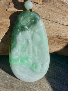 Certified Grade A Jadeite Pendant, Large Burmese Jadeite Pendant,Exquisite Hand carved Lotus & Mandarin Ducks, ,