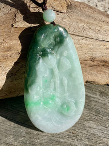 Certified Grade A Jadeite Pendant, Large Burmese Jadeite Pendant,Exquisite Hand carved Lotus & Mandarin Ducks, ,