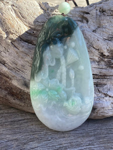 Certified Grade A Jadeite Pendant, Large Burmese Jadeite Pendant,Exquisite Hand carved Lotus & Mandarin Ducks, ,