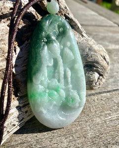 Certified Grade A Jadeite Pendant, Large Burmese Jadeite Pendant,Exquisite Hand carved Lotus & Mandarin Ducks, ,