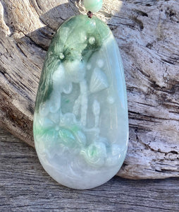 Certified Grade A Jadeite Pendant, Large Burmese Jadeite Pendant,Exquisite Hand carved Lotus & Mandarin Ducks, ,