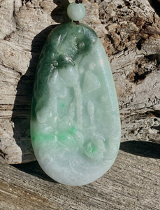 Certified Grade A Jadeite Pendant, Large Burmese Jadeite Pendant,Exquisite Hand carved Lotus & Mandarin Ducks, ,