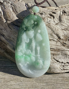 Certified Grade A Jadeite Pendant, Large Burmese Jadeite Pendant,Exquisite Hand carved Lotus & Mandarin Ducks, ,