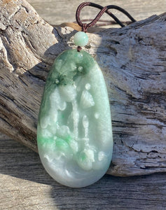 Certified Grade A Jadeite Pendant, Large Burmese Jadeite Pendant,Exquisite Hand carved Lotus & Mandarin Ducks, ,